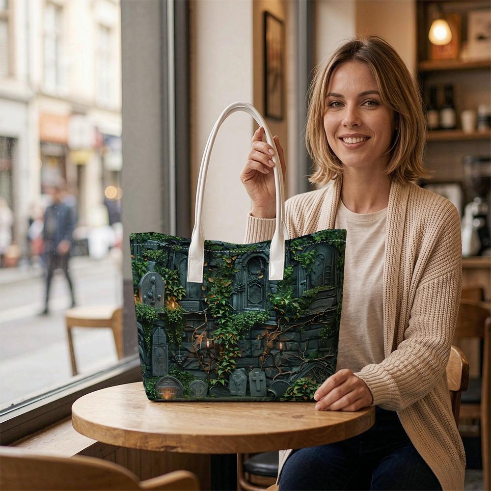 Gothic Cemetery Tote Bag Dark Vibes Spooky Green Ivy Pattern Daily Use Shopper Shoulder Bag