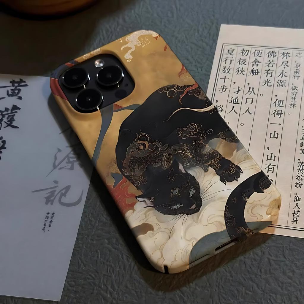 Oriental Style Black Cat with Phone Case for iPhone 17 16 15 14 13 12 11 Air Pro Max X XS XR XSMax 7 8 Plus Glossy Hard PC Cover