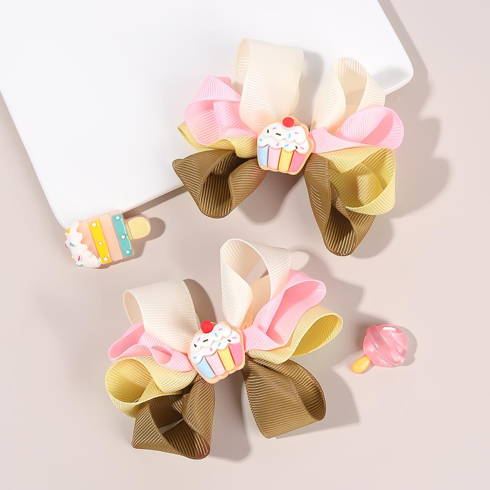 2Pcs Trendy Cartoon Ice Cream Hair Clips For Children Sweet Color-blocked Ribbon Hairpins Girls New Daliy Headwear Accessories