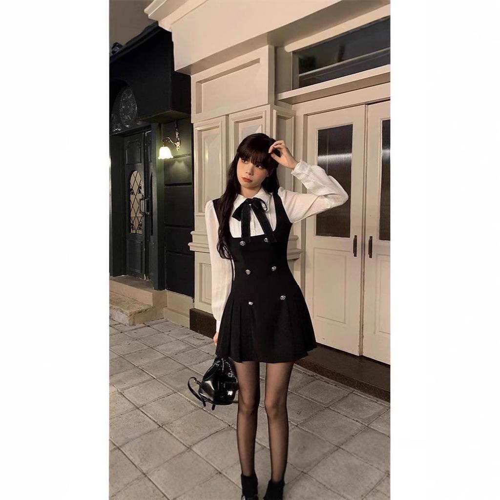 2025 New College Style Slimming French Autumn Bow Long Sleeve Two-Piece Dress