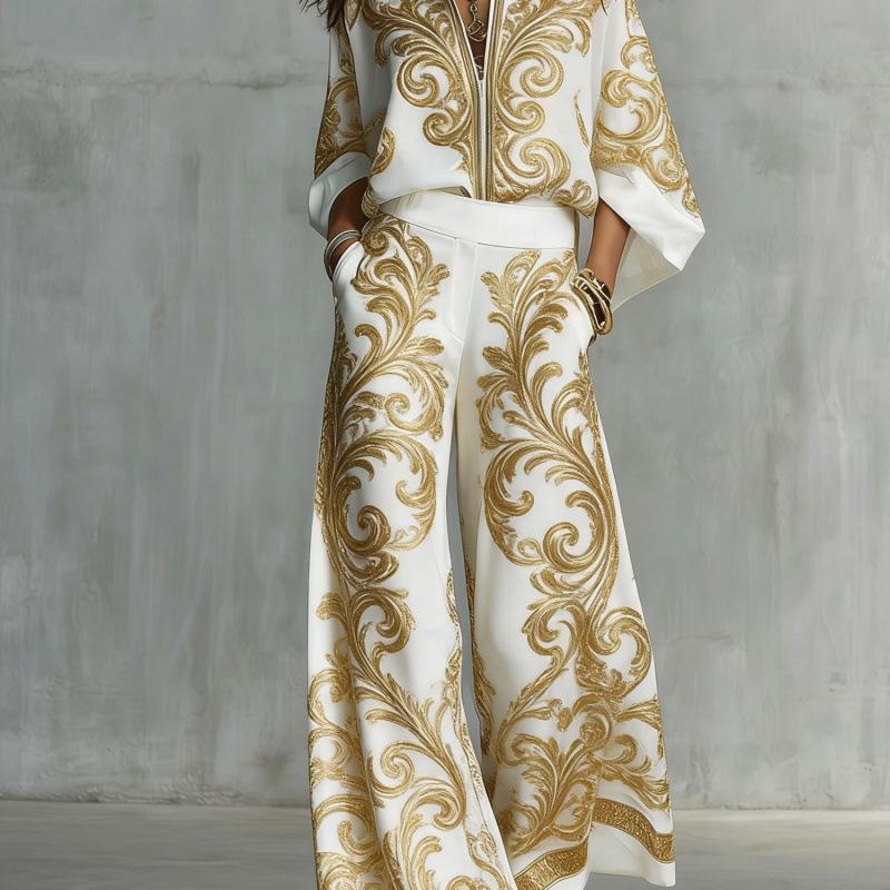 1116 New European and American Style Fashion Luxury Black Gold Baroque Print Nine-quarter Sleeve Wide-leg Pants Set Women's Two-piece Set
