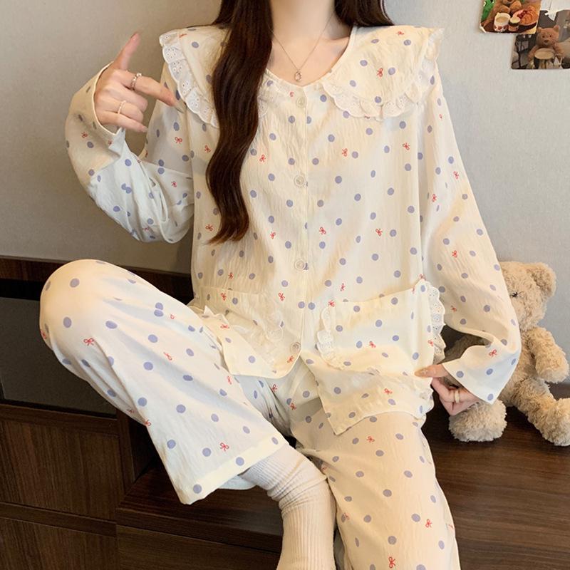 Women's Cartoon Lace Peter Pan Collar Cotton Pajamas - Long Sleeve, Spring/Fall, Winter Style