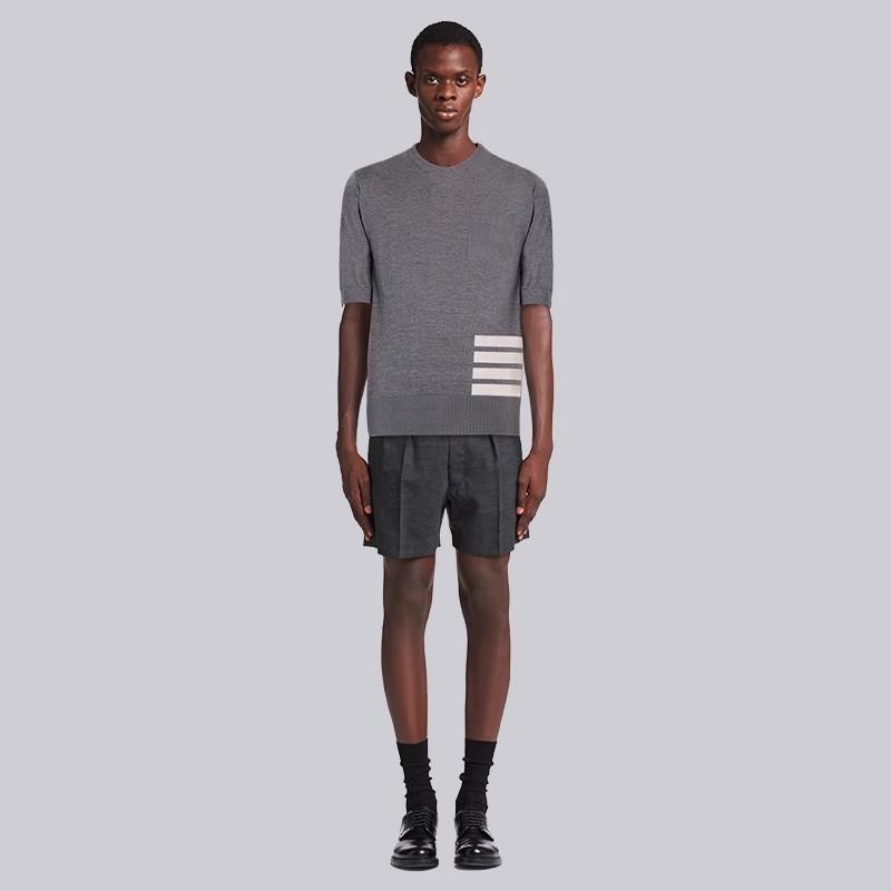TB Unisex Summer T-Shirt Round Neck Versatile Classic Four Bar Knit Sweater Casual Base Top with Half Sleeves