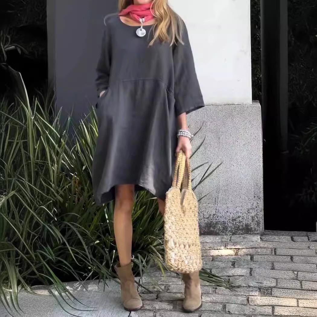 

Летнее женское свободное повседневное однотонное платье с карманами L темно-серого