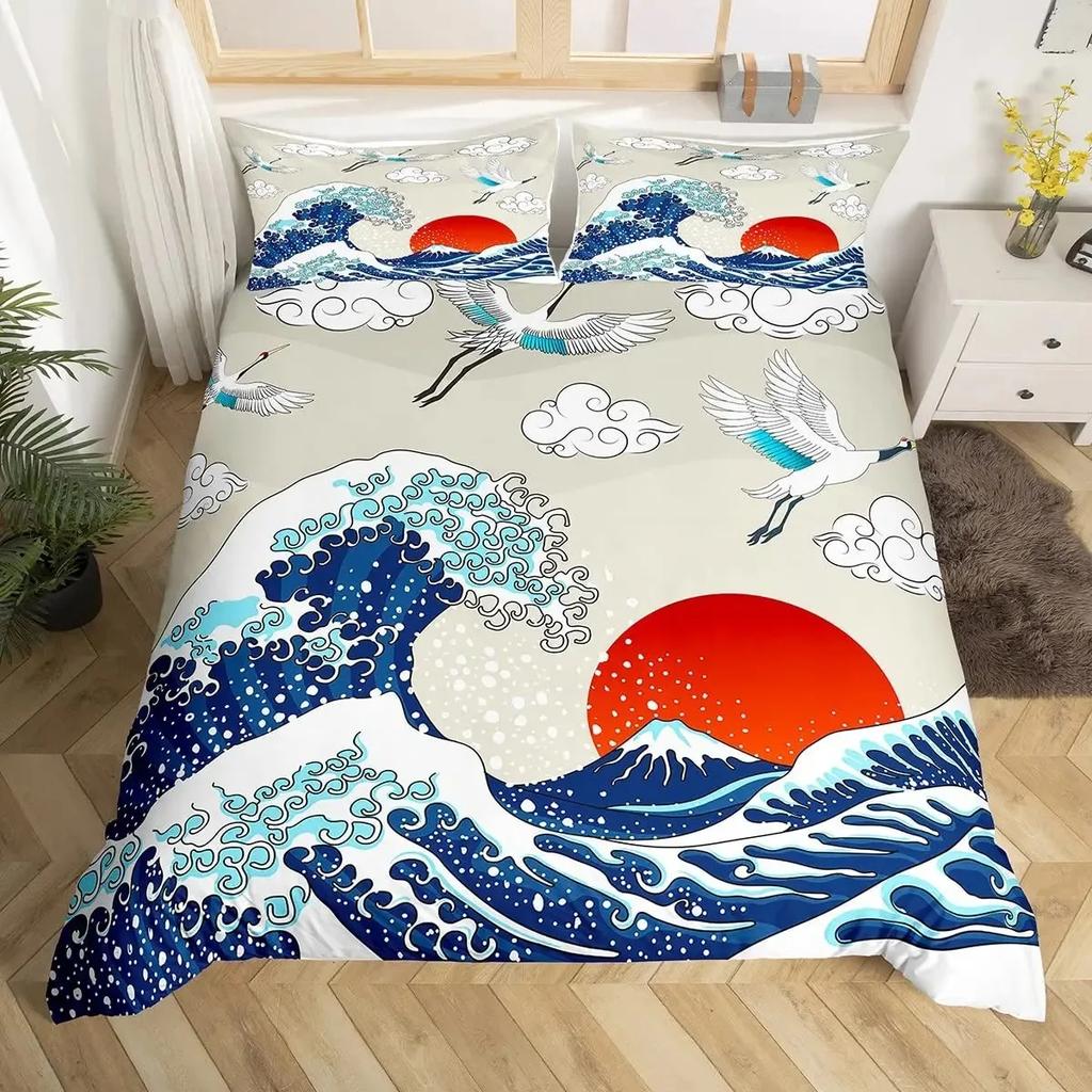 Japanese Wave Duvet Cover Set, Sea Storm In Japan Traditional Drawing Foamy Waves,Bedding Set Full Size,Earth Yellow Dark Blue
