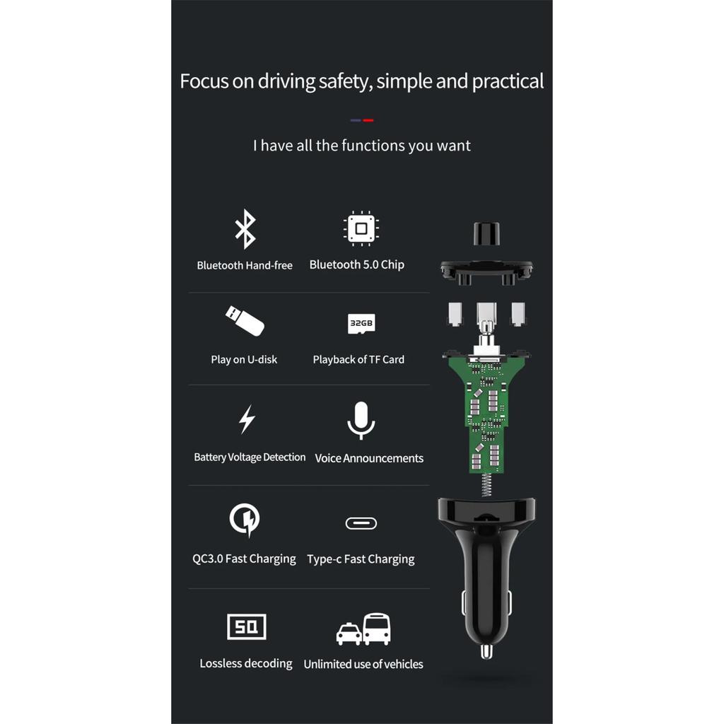 Car FM Transmitter Dual USB PD Type C Fast Charge Bluetooth 5.0 Handsfree Car Kit Audio MP3 Modulator Player Support  TF Card