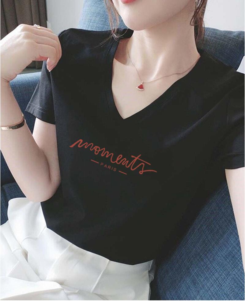 Women's Short Sleeve Graphic Tee V Neck Casual Fashion T-Shirt With Cute Embroidered Print
