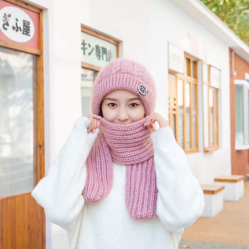 Winter Women's Wool Hat Skiing Hat Scarf Integrated Hand-woven Thickened Without Lining Thermal Ear Protection