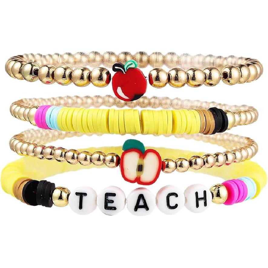 tenghong2021 Acrylic Bead Elastic Rope Beaded Bracelet for Women Handmade Wood Beaded Teacher Appreciation Strand Bracelets Teach Inspire Beaded