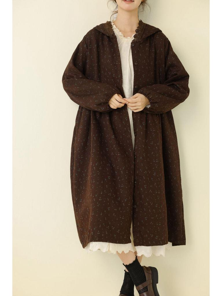Herbst/Winter Floral Mori Stil Kapuzen Baumwolle Leinen Kleid Mantel für Damen