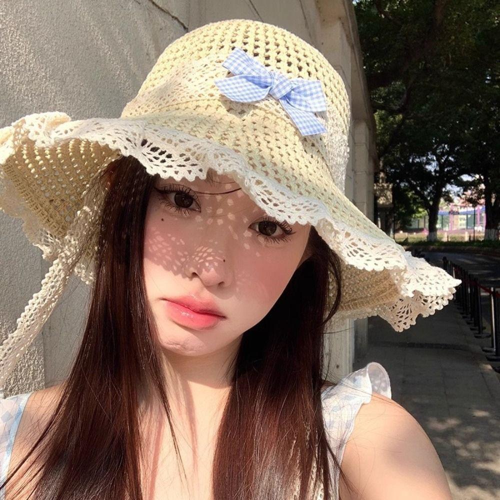 Sweet Woman's Straw Hat Elegant Lace Brim Sunshade Cap Handmade Big Bowknot Sun Hat  Travel