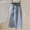Damen Hohe Taille Midi Jeansrock Gerader Schlitz Saum Bodycon A-Linie Gewaschen Hellblau Sommer Lässige Unterteile