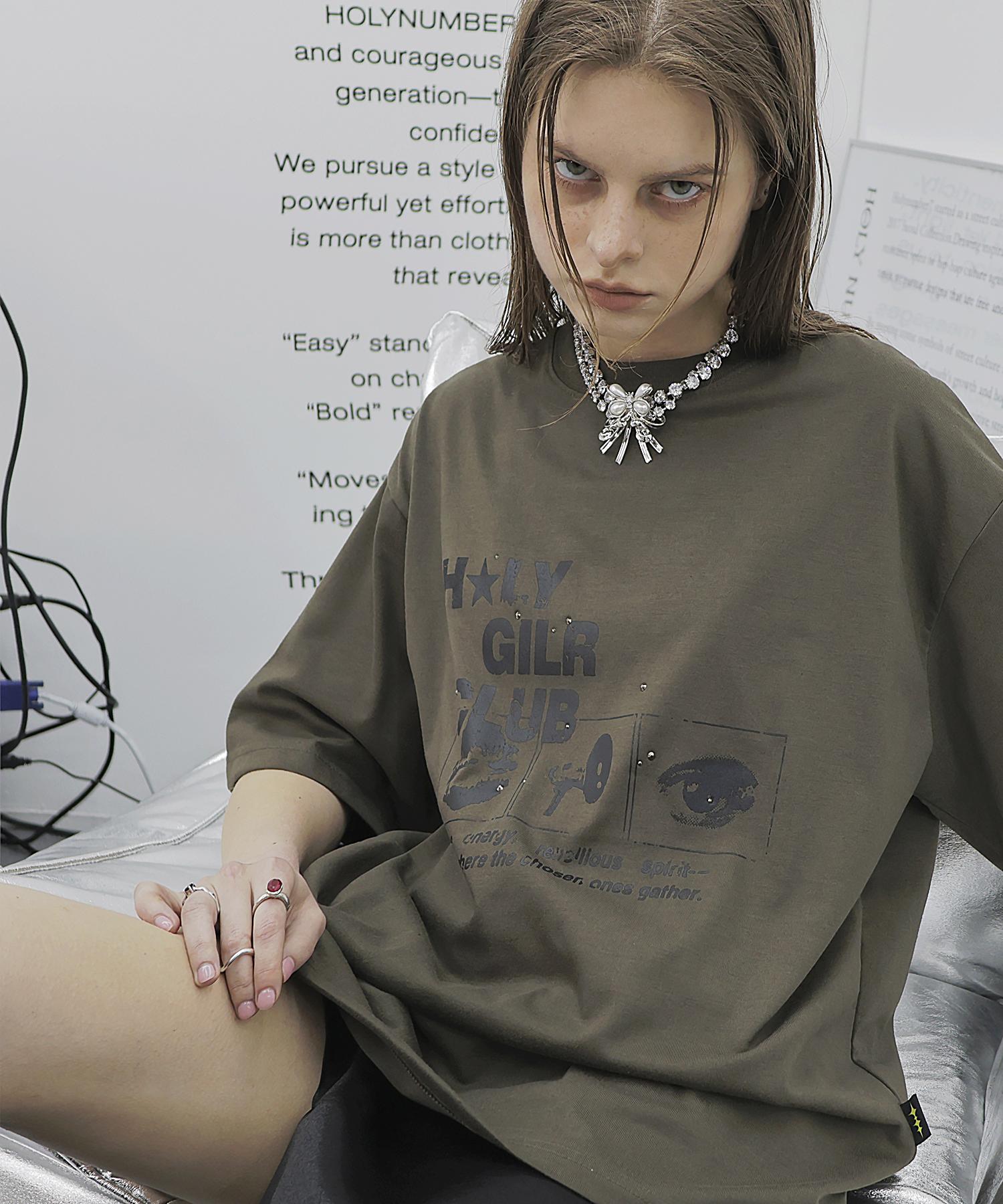 Holy Number Seven Oversized Hip Hop Dance Studio Holy Girl Club Graphic Short Sleeve T-Shirt_Khaki Khaki/Free