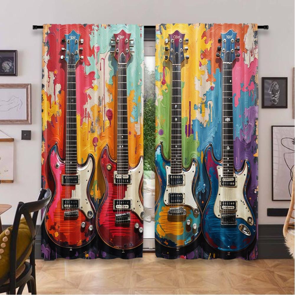 Set Of 2 Flat Printing Christmas Hot Party Curtains Vivid Guitars Digital Printed Polyester Drapes Holiday Decorations Use Curtain