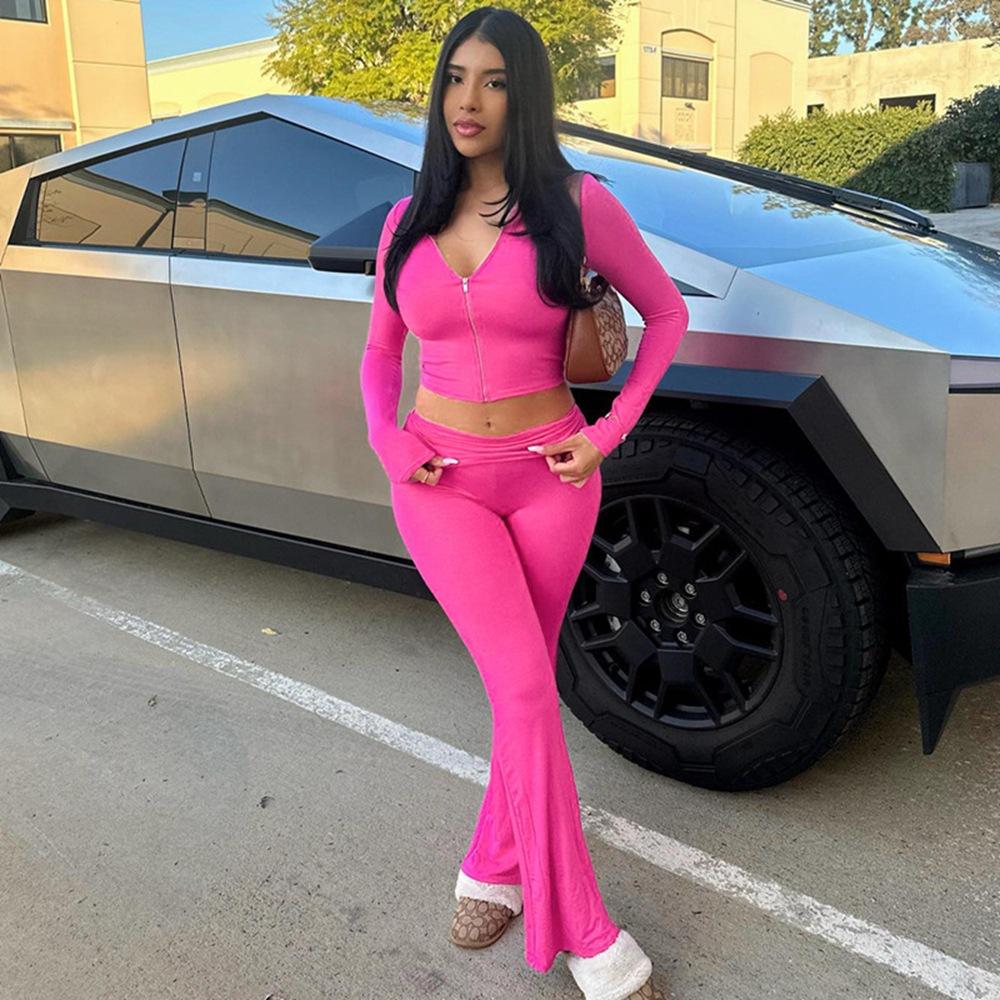 Street Style Latest Zipper Long-sleeved Hooded Top High Waist Flared Trousers Fashionable Two-piece Suit for Women's