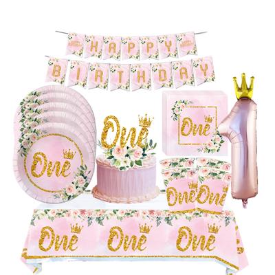 One First Happy Birthday Party Decorations Pink Flower Crown Disposable Tableware Baby Shower 1 Year Old Birthday Party Supplies