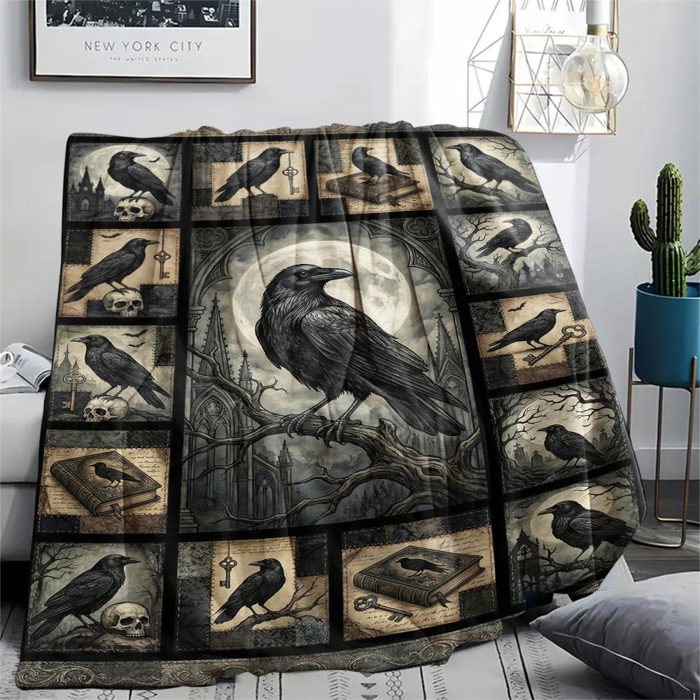 Flaneldecke mit Krähenmuster, Hohe Qualität, Bequem für alle Jahreszeiten, Heimdekoration, Wärme und Komfort, Perfekt für Weihnachtsgeschenke49