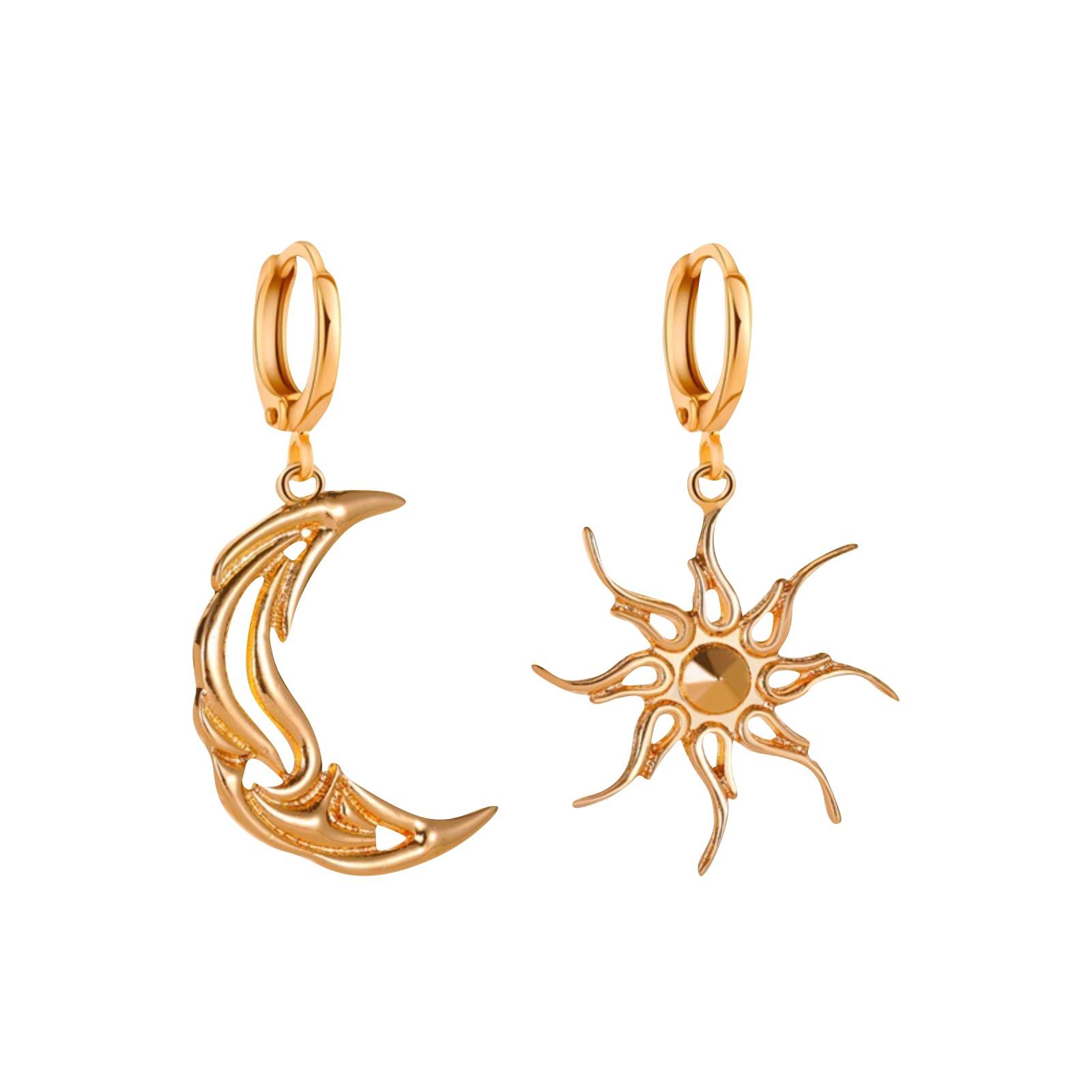Simples Sun And Moon Earrings Personality Asymmetrical Abstract Earrings Short Hollow Star And Moon Earrings One Size