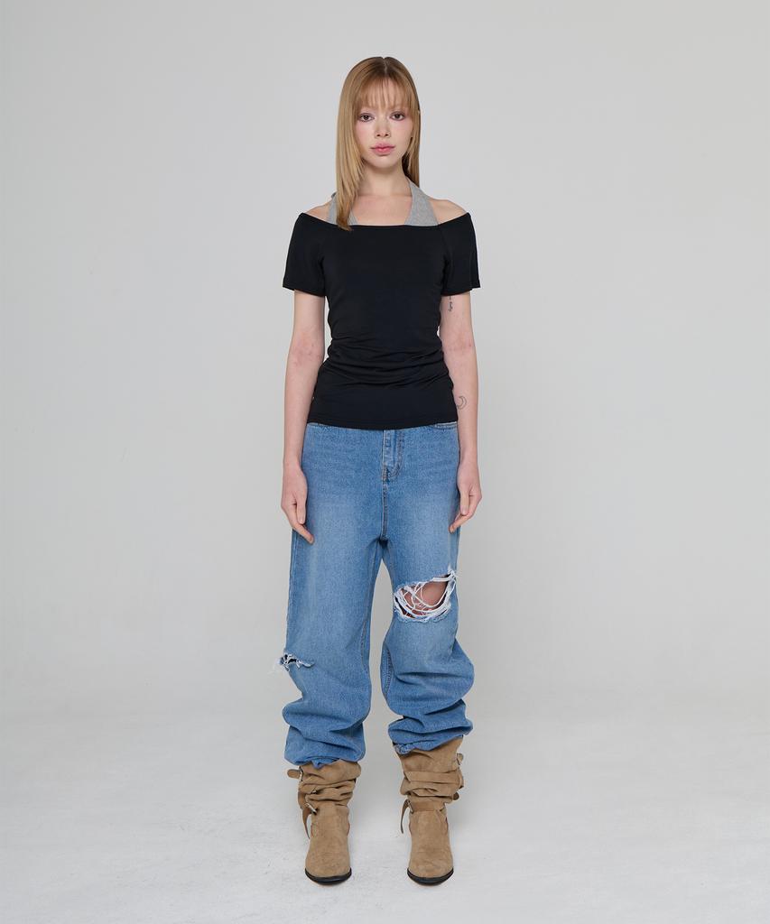 5OML V-Neck Halterneck Layered Short Sleeve Black