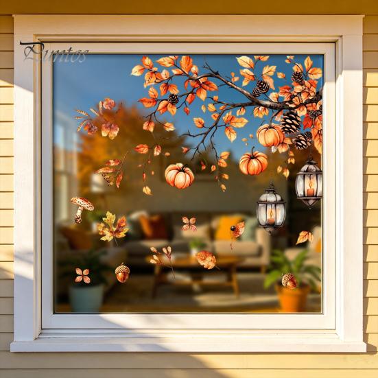 Removable Fall Window Stickers for Home Autumn Static Sticker with Cute Animals & Maple Leaves, Harvest Seasonal Glass Living Room Festival