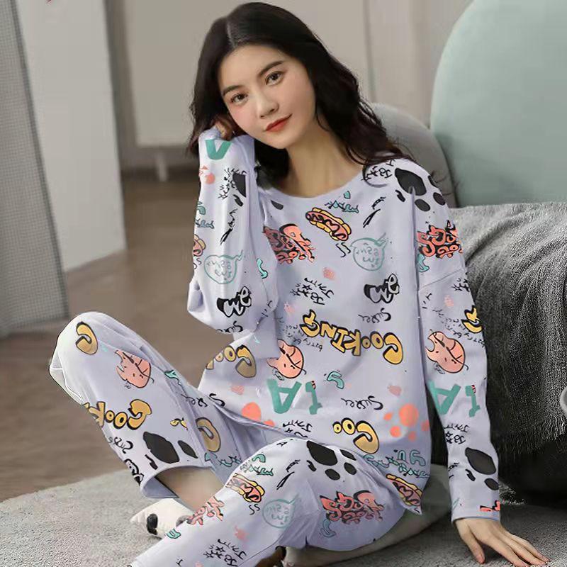 Women 2PCS Set Pajamas Girl Long Sleeve Tops Pants Printed Pyjama Femme Cute Home Ladies Sleepwear