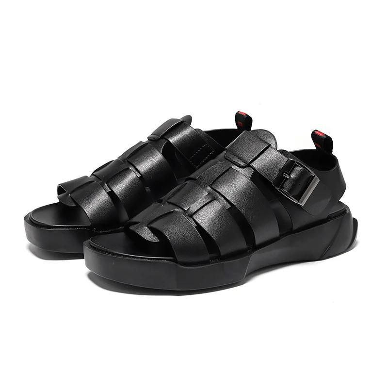 Summer Black Genuine Leather Men`s High