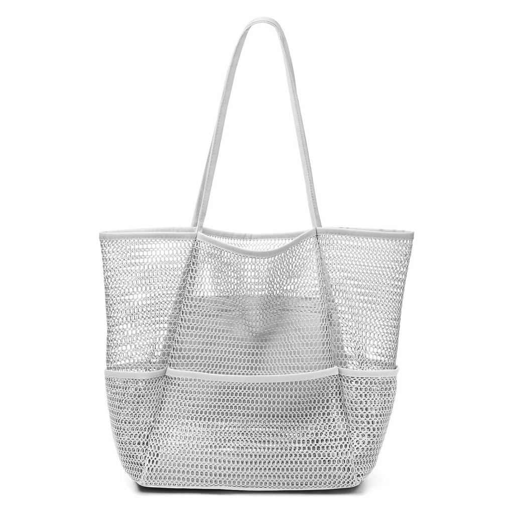Mesh beach bag, women's shoulder tote bag, large capacity foldable mesh swim bag with pocket.-zmt