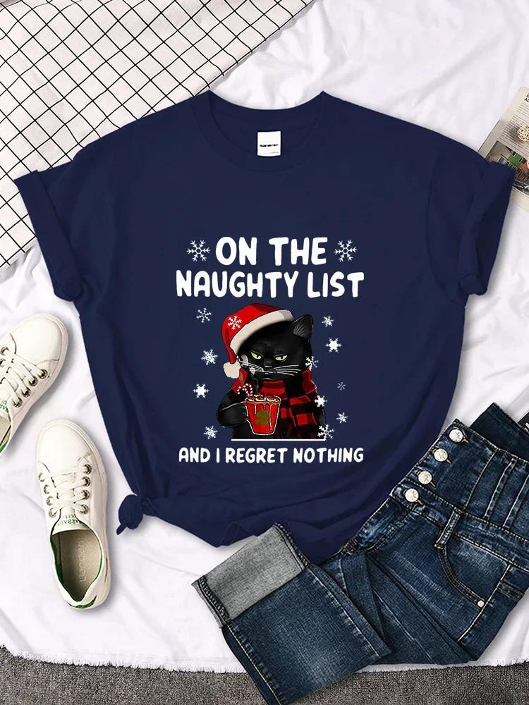 

CHRISTMAS Female TShirts SANTA CAT ON THE NAUGHTY LIST AND I REGRET NOTHING Fashion Tee Clothing Harajuku Unisex Tops S