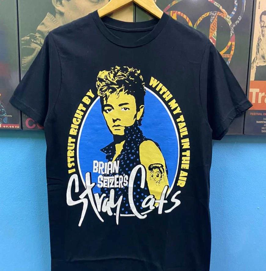 Men s and Women s T-shirts Vtg Stray Cats Band Music Tour Cotton Black Full Size Unisex Shirt BT068 M