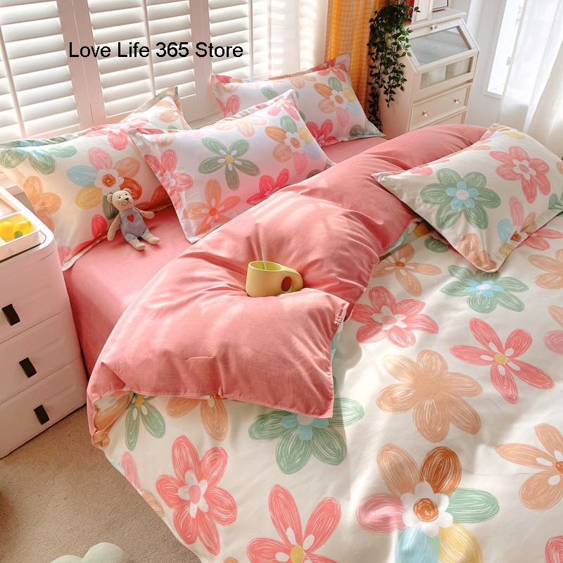 INS Double-sided Availability Pink Blue Cute Cat And Rabbit Bedding Set Duvet Cover Sheets With Pillowcases Full Size Bedroom
