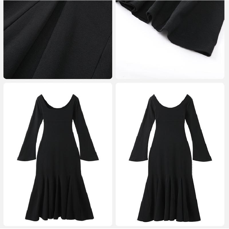 Black slim-fit square-neck French-style fishtail dress with inner slip dress for women, spring and autumn 2026 new model dress
