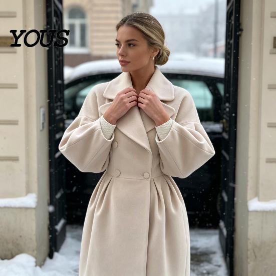 Cappotto Casual Lungo Donna Lana per Autunno Inverno, Soprabito Autunno Inverno con Maniche a Lanterna e Bavero a Tacca, Trench Doppiopetto con Tasche Abbigliamento