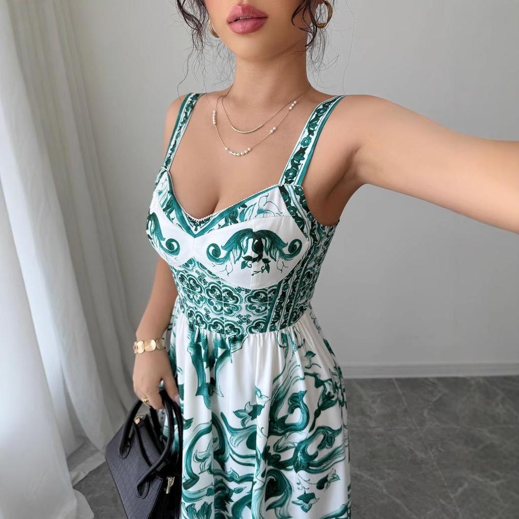 Temperamento Elegante Vento Stampato Halter Abiti Lunghi Abiti Donna Primavera ed Estate