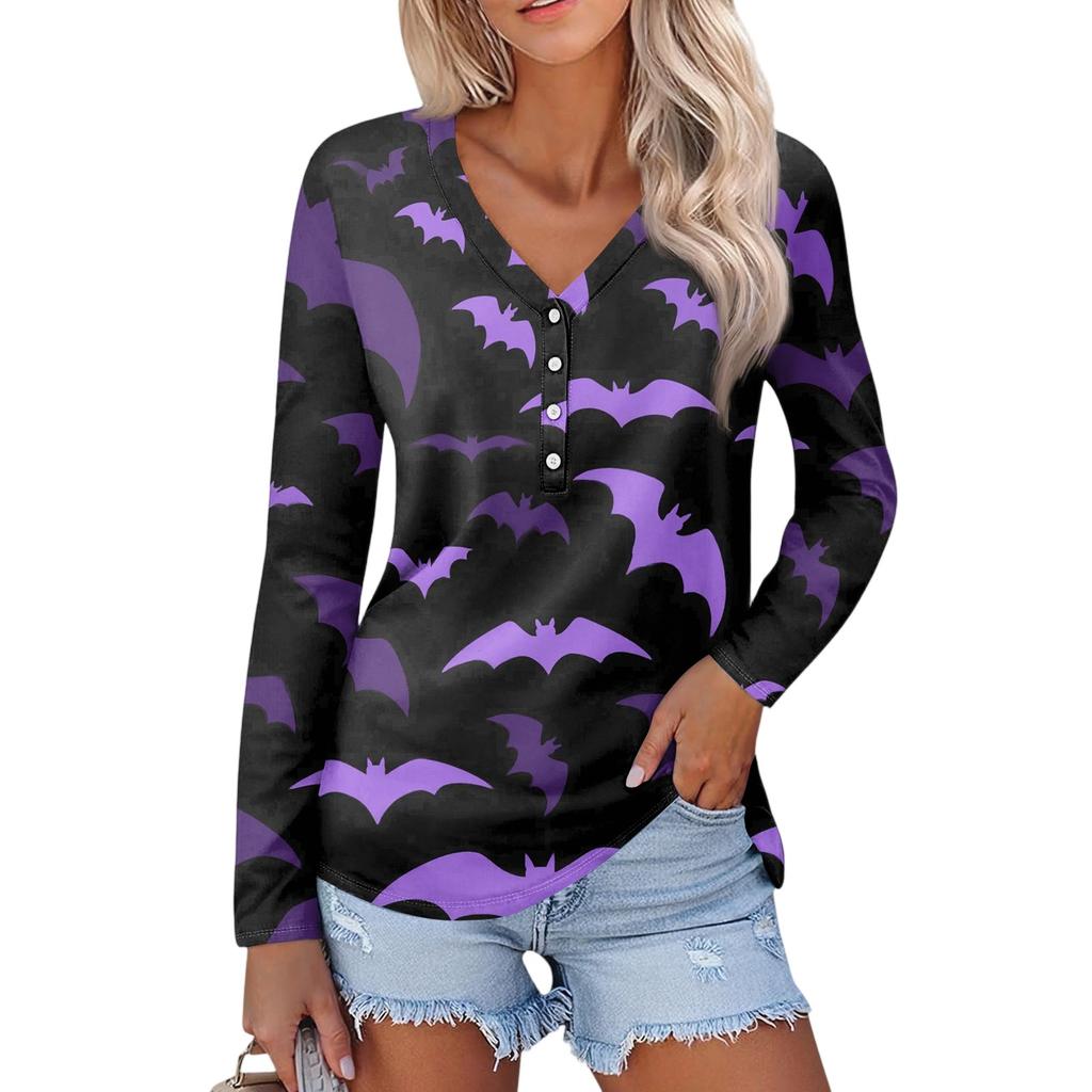 Women's Casual Fashion Sexy Comfort Halloween Printed V-Neck Button Long Sleeve