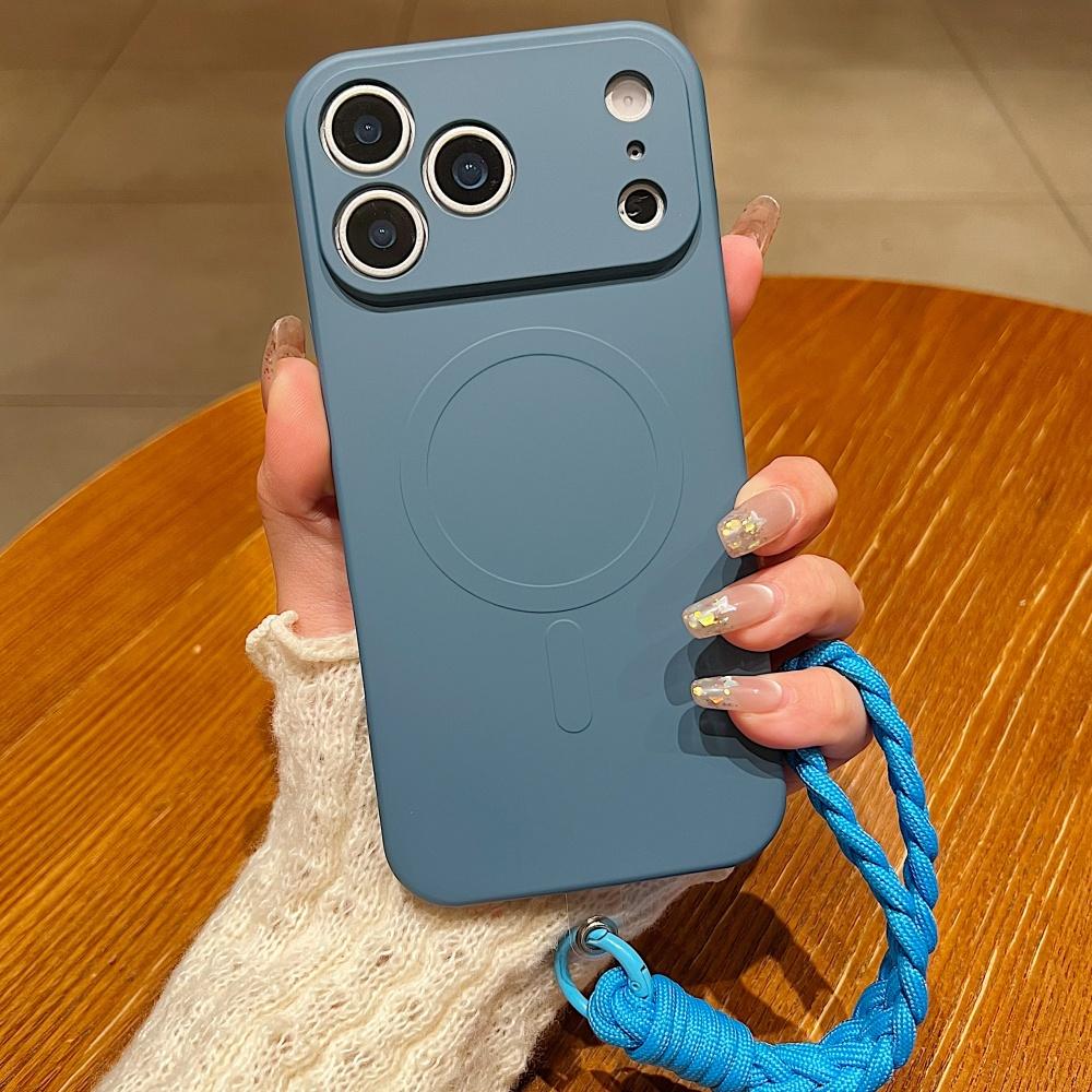 Braided Thick Cord Wrist Strap Bracelet Liquid Silicone Magnetic Case For iPhone 11 12 13 14 15 16 17 Pro Max Air Plus Cover