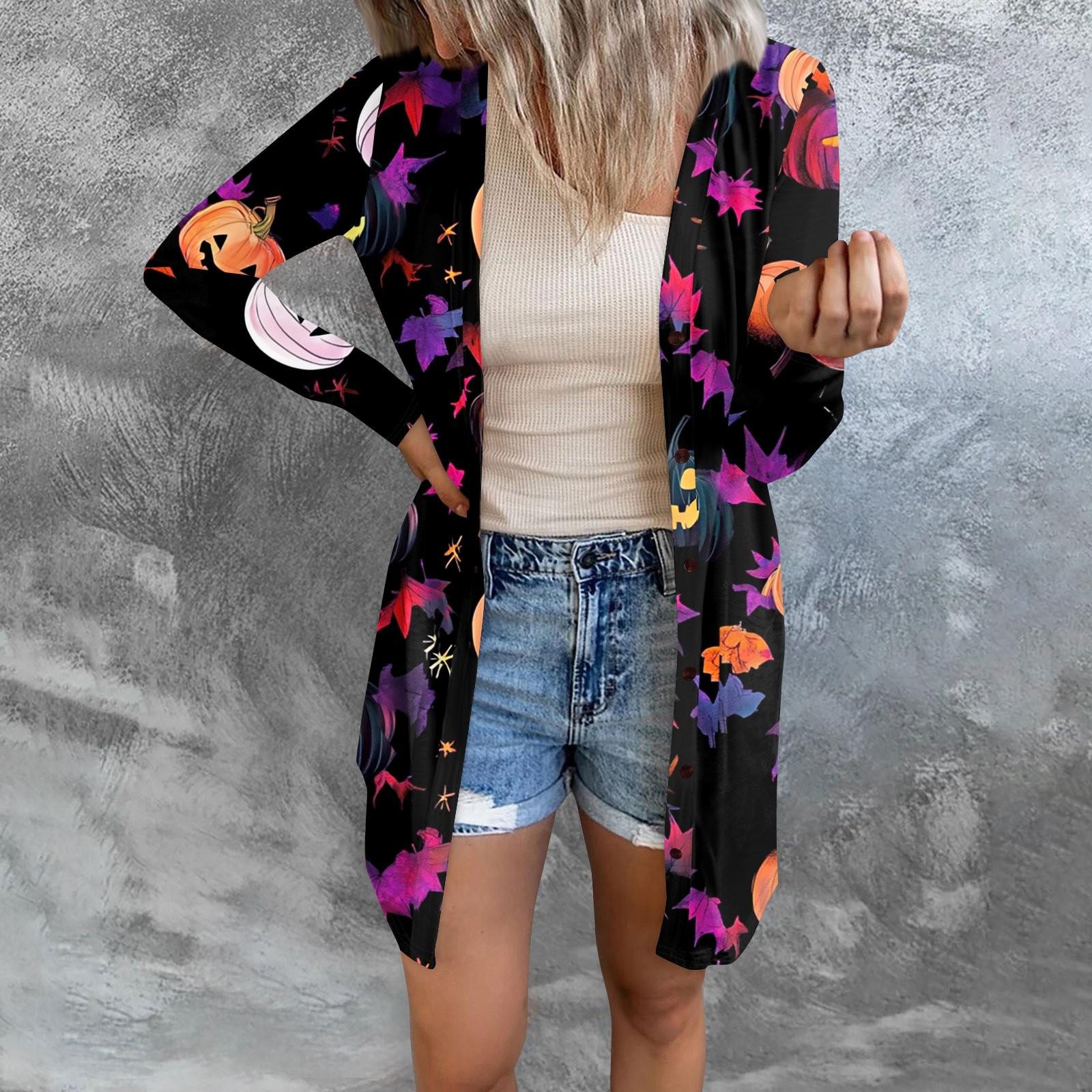 

Жіночий повсякденний кардиган на Хеллоуїн з принтом і довгими рукавами з кишенями S фіолетовий