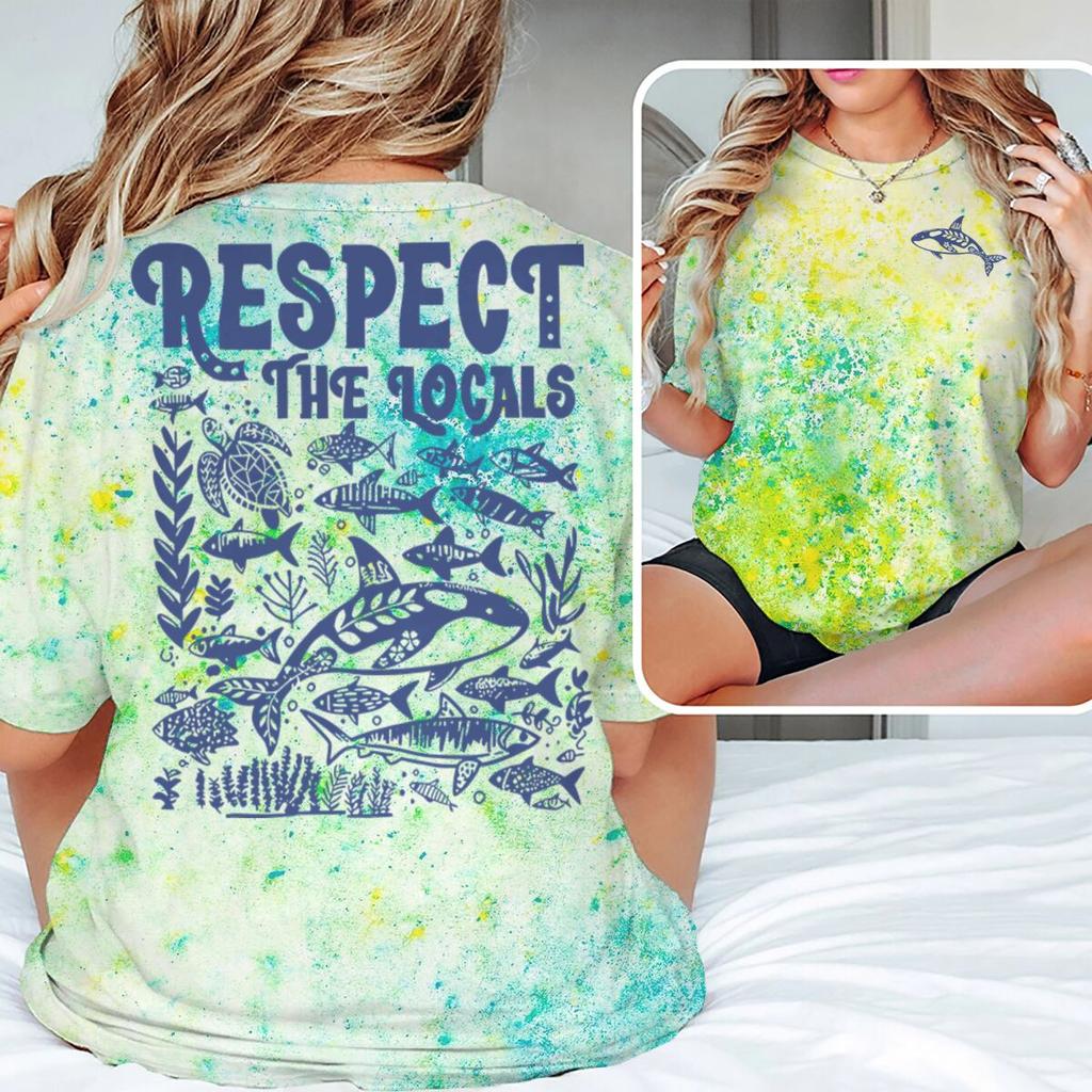 Ocean Animal Vintage Print T Shirt "Respect The Locals" Ocean Beach Series T-Shirts Unisex Unisex Short Sleeve Summer Vibes Tshirts
