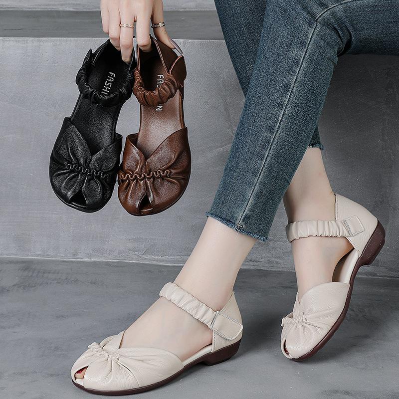 Fashion GKTINOO Genuine Leather Comfortable Breathable Sandals 2025 Summer New Peep Toe Low Heel Versatile Retro Women's Shoes