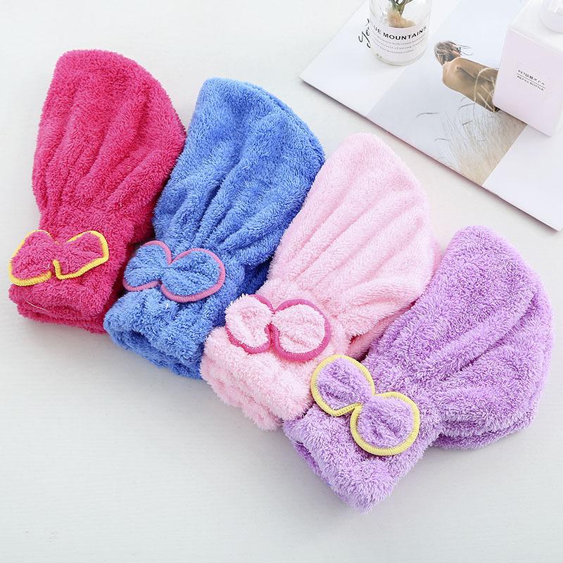 Coral fleece shower cap, adult soft absorbent dry hair towel, thickened quick-drying headtowel, cute bow dry hair cap.