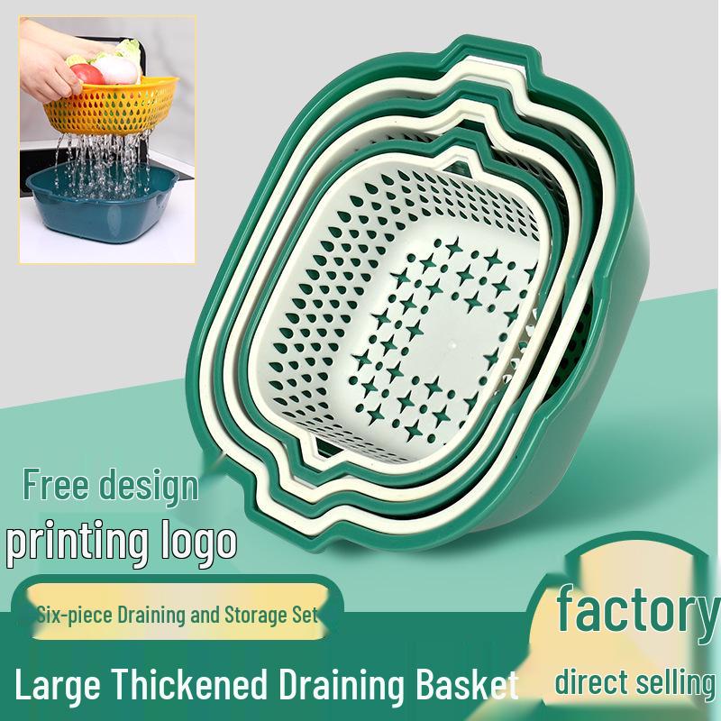 Double-Layer Drain Basket Set: 6-Piece Creative Kitchen Vegetable and Fruit Wash Basin