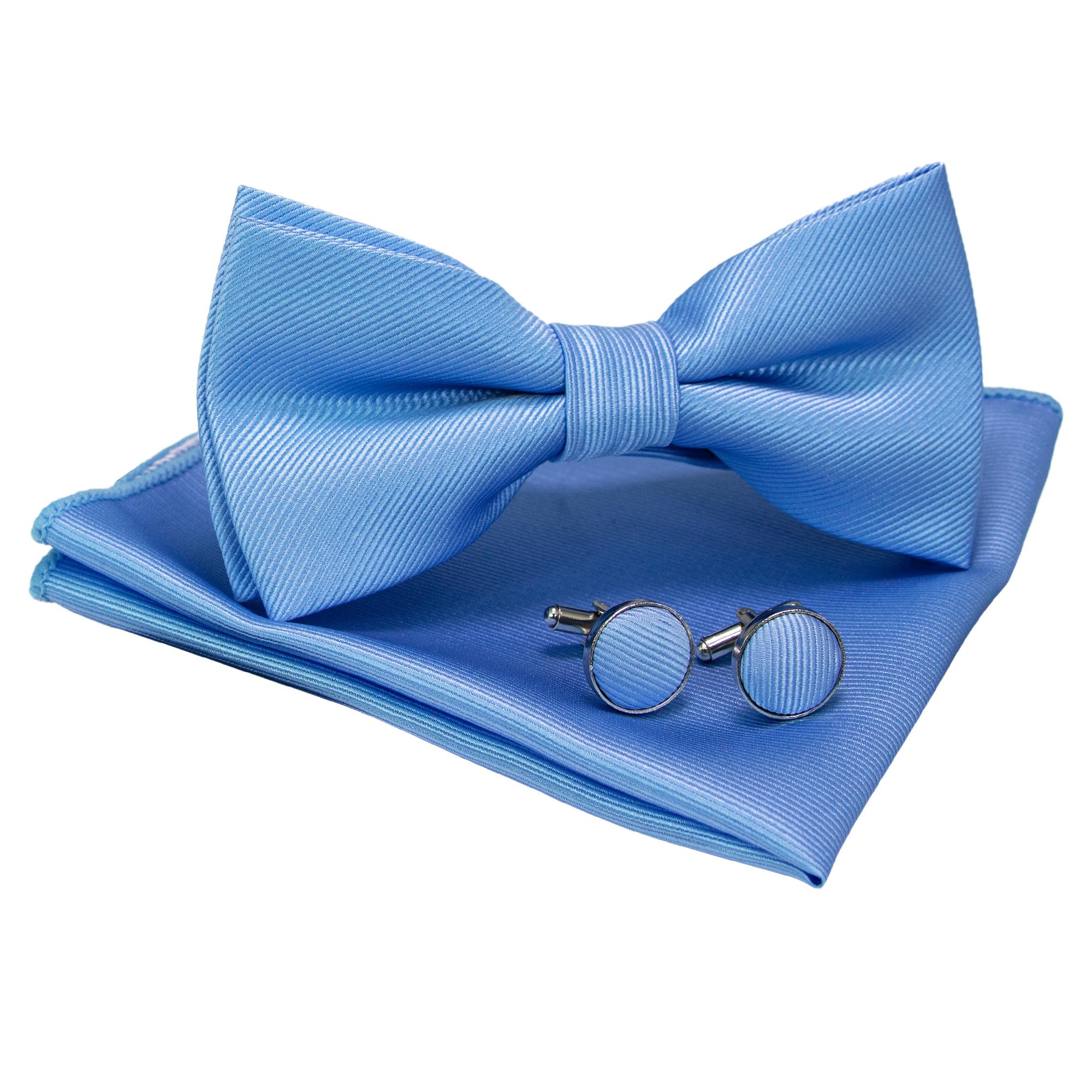 [JEMYGINS] Plain Bow Tie and Pocket Square with Cufflinks, Men s, Light Blue 2