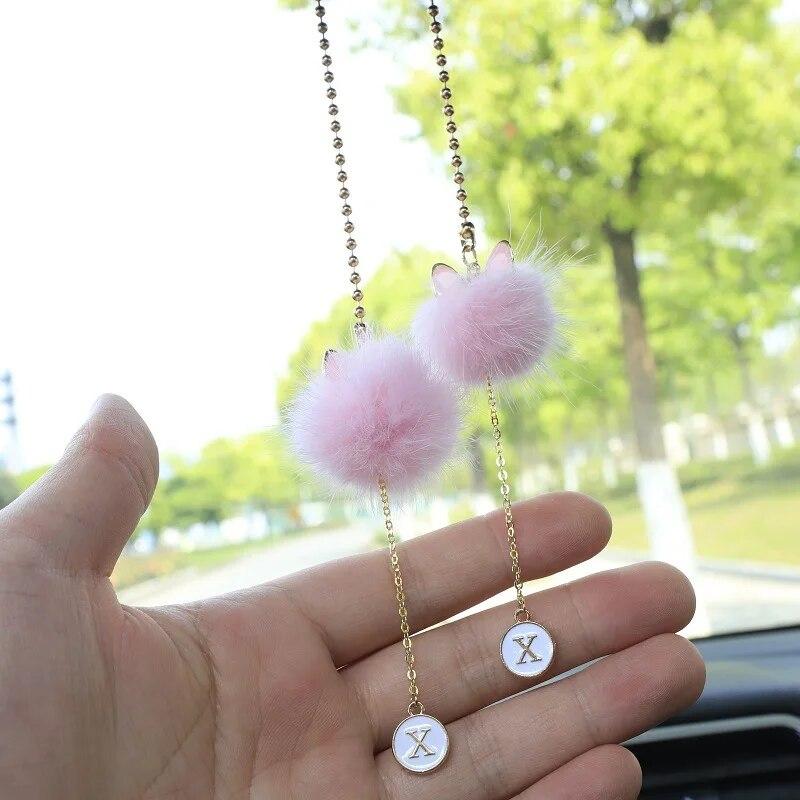Cute Car Pendant Creative Letter Bow Cat Ears Mink Hair Ball Rearview Mirror Car Interior Pendant Ornaments Car Accessories
