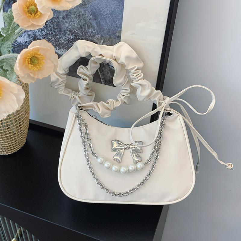 

2024 весна новый темперамент модный дизайн одно плечо через плечо жемчужная молния свежая подмышечная текстура цепочка сумка белый