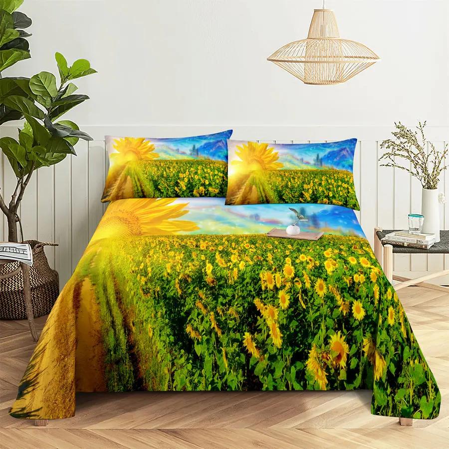 Sunflower Bed Sheets and Pillowcases for Single Double Beds Bedsheets Set with Pillow Case 2pcs 3pcs Queen Full Size 3D Soft