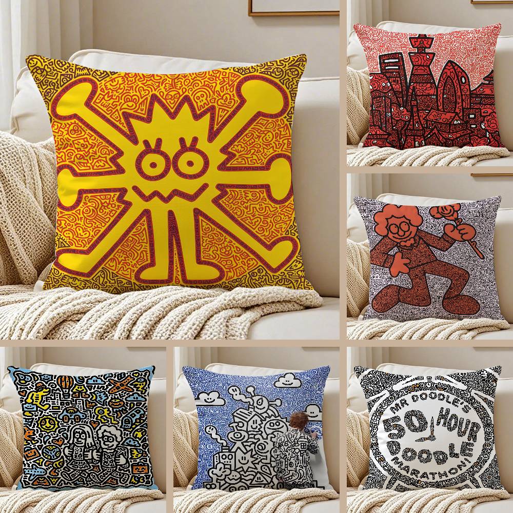 Famous Genius Graffiti Art Mr Doodle Pillow Case Anti-dustmite Pillowcase Invisible Zipper Silky Short Plush Sofa Cushion Cover