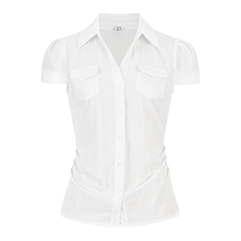 

Pphome Homemade ~ American Retro Short Sleeve Plaid Shirt Women s Summer Stylish Blue Tight Waist Shirt Tops White S