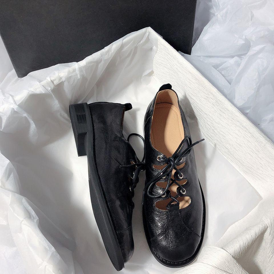 

Новая нишевая модная шнуровка, круглый носок, низкий каблук, темпераментные, удобные и простые маленькие кожаные туфли, трендовый крутой стиль, французские повседневные одинарные туфли 35