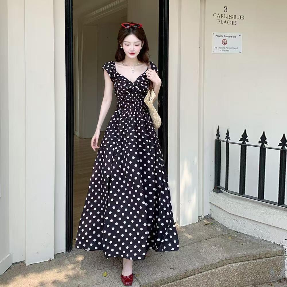 Korean sweet high-end polka dot dress for women's summer new pleated waist and thin temperament long skirt