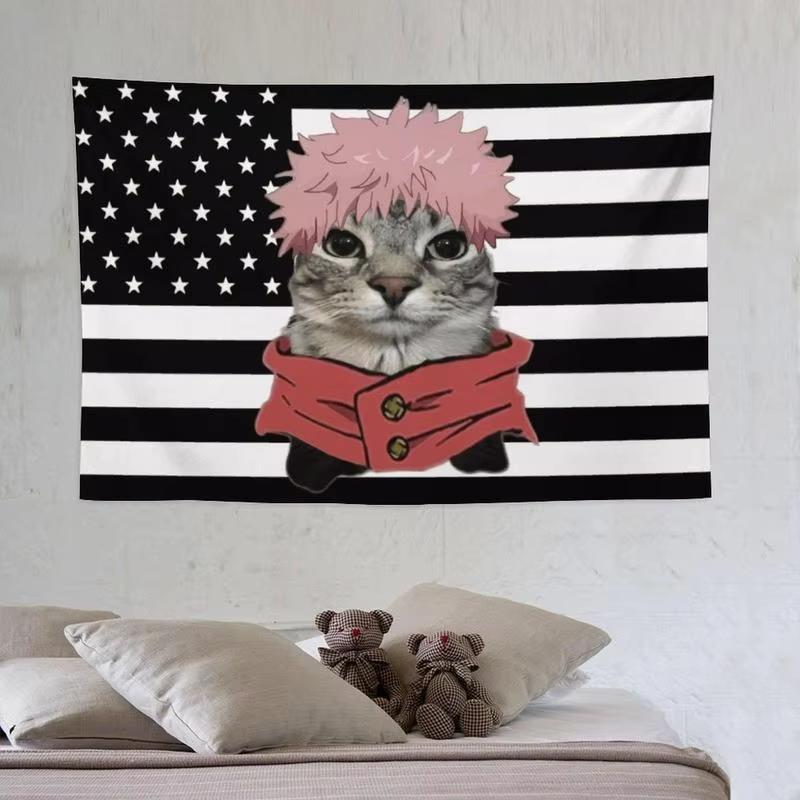 Black American Flag Tapestry Jujutsu Kaisen Style Anime Decor Funny Wall Hanging for Anime Fans Room