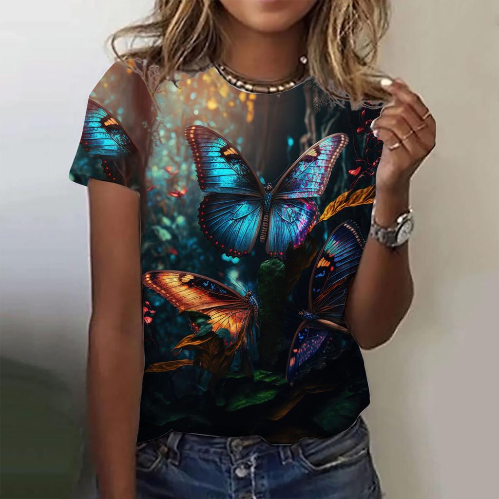 Summer Colorful Butterfly Floral T-shirt 3D Print Women Short Sleeve T Shirts Streetwear Harajuku Y2k Tops Woman Tees Clothing